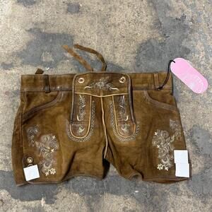 NWT Vintage Embroidered Brown Leather Women's Lederhosen Shorts